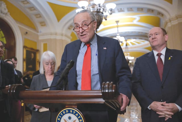  US SENATE Majority Leader Chuck Schumer speaks at a news conference on Capitol Hill, last week. (photo credit: Craig Hudson/Reuters)