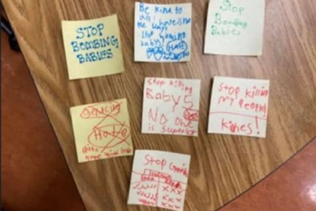  "Messages of hate" sticky-notes stuck to the teacher's door. (photo credit: ANTI-DEFAMATION LEAGUE)