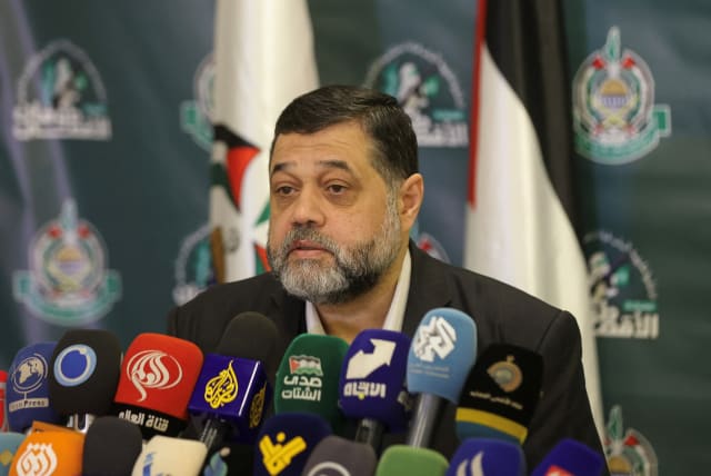  Hamas official Osama Hamdan attends a news conference in Beirut, Lebanon, March 20, 2024 (photo credit: REUTERS/MOHAMED AZAKIR)