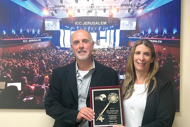  ICC Interim CEO Alex Alter (L) and vice president Rakefet Eliaz Iluz showcase the award presented to Iluz and the ICC by the Global Church Network in Feb. Christian organizations consistently put on major events at the center. (photo credit: MAAYAN JAFFE-HOFFMAN)