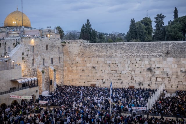 Jews attend a prayer for the return of the Israeli hostages held by Hamas terrorists in the Gaza Strip, at the Western Wall, Judaism's holiest prayer site in the Old City of Jerusalem, March 21, 2024. (photo credit: Chaim Goldberg/Flash90)