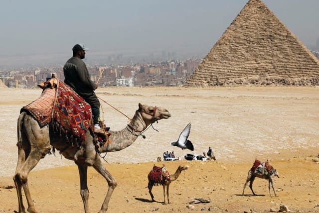 Un hombre espera a que los turistas alquilen sus camellos frente a las Grandes Pirámides de Giza el mes pasado. (photo credit: MOHAMED ABD EL GHANY/REUTERS)
