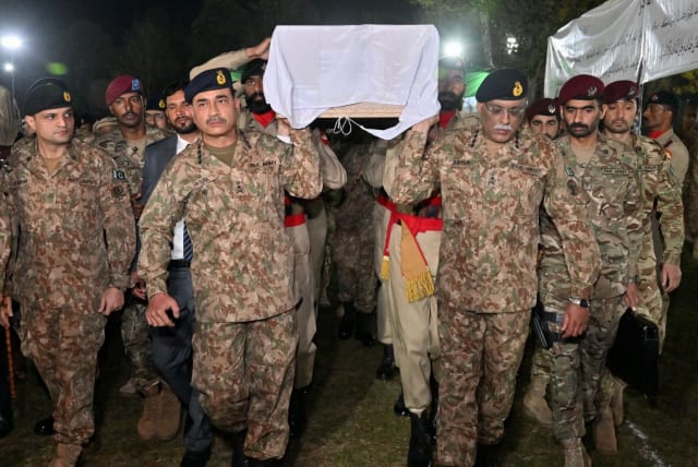   The funeral of Lieutenant Colonel Syed Kashif Ali, 39 and Captain Muhammad Ahmed Badar, 23, after according to military, gunmen attacked a military post in Mir Ali, North Waziristan district in Pakistan near Afghanistan, March 17, 2024. (photo credit: Inter-Services Public Relations (ISPR)/Handout via REUTERS)