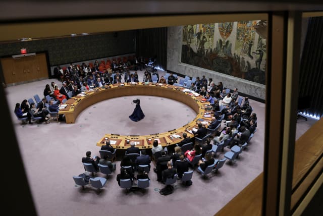 Members of the United Nations Security Council meet on the day of a vote on a Gaza resolution that demands an immediate ceasefire for the month of Ramadan. March 25, 2024 (photo credit: Andrew Kelly/Reuters)