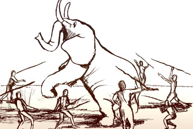   Illustration of elephant hunting using spears (photo credit: DANA ACKERFELD)