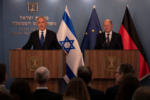  Israeli Prime Minister Benjamin Netanyahu delivers his speech after a meeting with German Chancellor Olaf Scholz in Jerusalem, March 17, 2024.  (photo credit: Leo Correa/Pool via REUTERS)