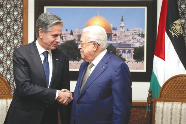  US Secretary of State Antony Blinken meets PA head Mahmoud Abbas in Ramallah, in February. The US mistakenly thinks that giving Palestinian leaders a vision for the future of two states will do away with the Palestinian desire to eliminate Israel, says the writer. (photo credit: Mark Schiefelbein/Reuters)