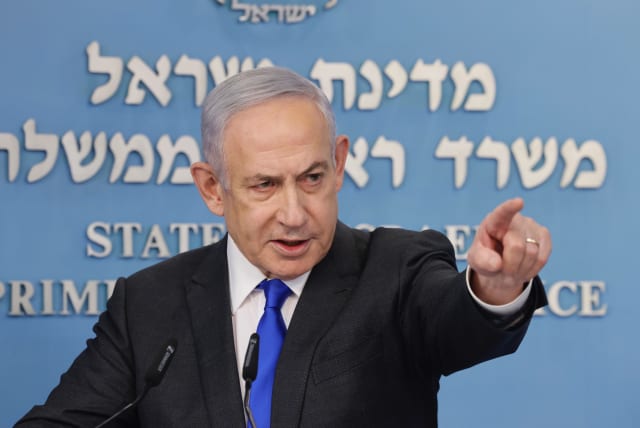  Israeli prime minister Benjamin Netanyahu speaks during a press conference in Jerusalem on March 31, 2024. (photo credit: MARC ISRAEL SELLEM/POOL)
