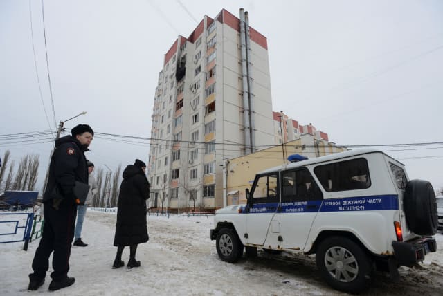  A view shows a damaged multi-storey apartment block following a reported drone attack early in the year in Voronezh, Russia January 16, 2024. (photo credit: REUTERS/STRINGER)