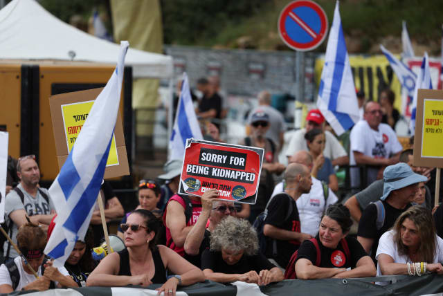  Demonstration demanding immediate release of hostages kidnapped in the October 7 attack by Hamas (photo credit: REUTERS/Ronen Zvulun)