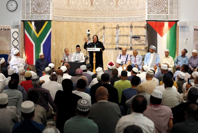  South African Minister of International Relations Naledi Pandor speaks about South Africa’s case against Israel at the Quds Mosque in Cape Town, on February 4.  (photo credit: ESA ALEXANDER/REUTERS)