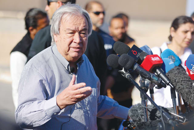  UN SECRETARY-GENERAL Antonio Guterres speaks to the media after visiting the Rafah border crossing between Egypt and the Gaza Strip, last month. (photo credit: MOHAMED ABD EL GHANY/REUTERS)