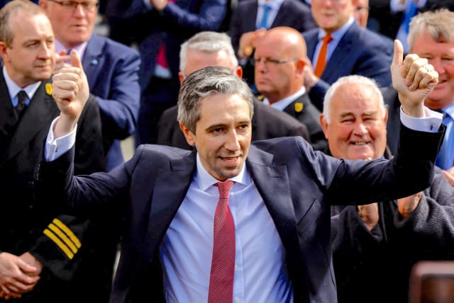  Taoiseach Simon Harris gestures after receiving a majority parliamentary vote to become the next Taoiseach (Prime Minister) of Ireland, in Dublin, Ireland, April 9, 2024. (photo credit: REUTERS/CLODAGH KILCOYNE)