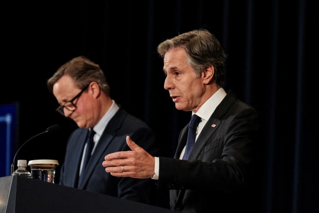  US Secretary of State Antony Blinken and British Foreign Secretary David Cameron hold a joint press conference at the State Department in Washington, US, April 9, 2024. (photo credit: REUTERS/Michael A. McCoy)