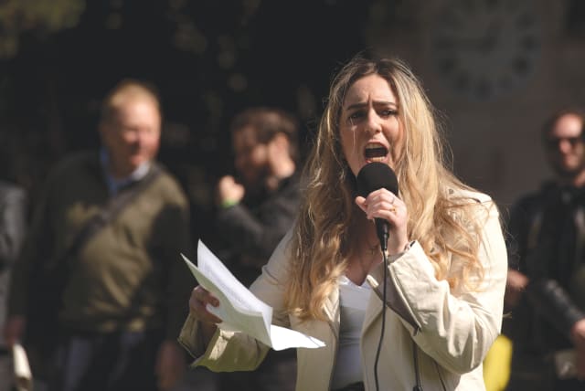  THE WRITER speaks at a ‘Liberate the Gate’ event at UC Berkeley, last month, calling on the university to respond to antisemitism on campus. (photo credit: AARON LEVY-WOLINS)