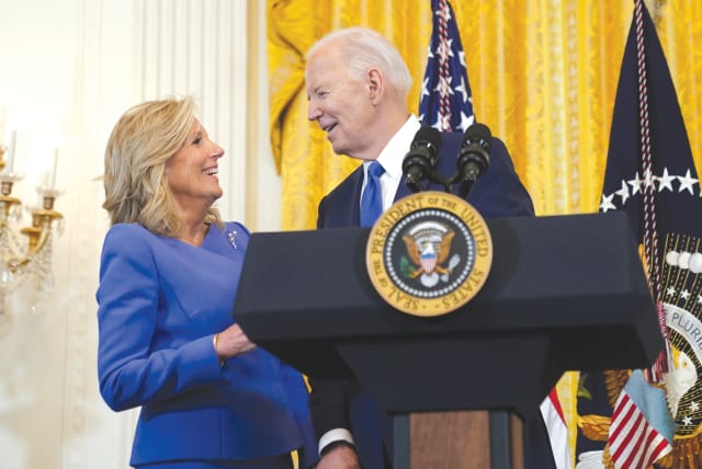  US PRESIDENT Joe Biden and First Lady Dr. Jill Biden attend a Women’s History Month reception at the White House last month. Even the first lady is said to be pushing the president to lean harder on Prime Minister Benjamin Netanyahu, the writer notes. (photo credit: KEVIN LAMARQUE/REUTERS)