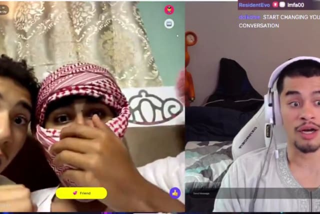  Streamer Sneako (right) reacts to meeting Palestinians on Monkey, a random video chat app, March 31, 2024. (photo credit: screenshot)