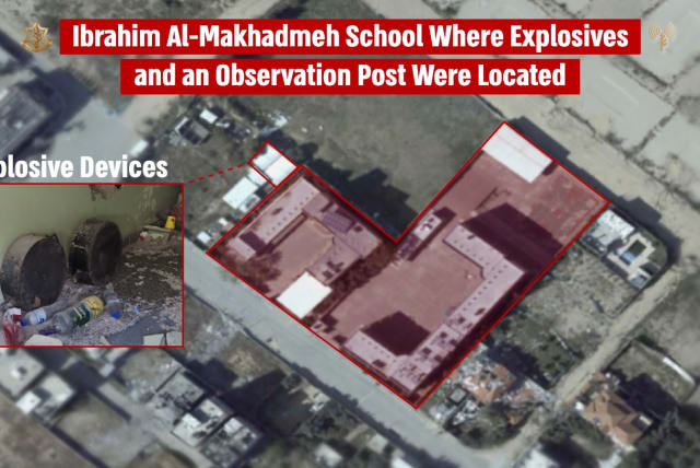 An aerial photograph of the 'Ibrahim Al-Maqadma' school with the explosives found in it, April 12, 2024. (photo credit: IDF SPOKESPERSON UNIT)