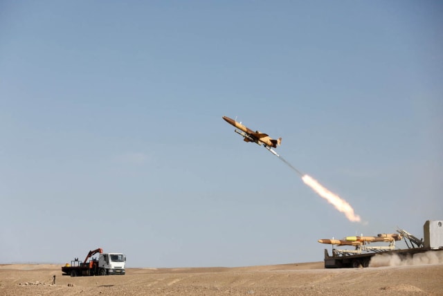  A drone is launched during a military exercise in an undisclosed location in Iran, in this handout image obtained on October 4, 2023. (photo credit: REUTERS)