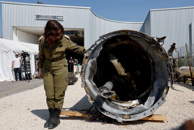 The IDF displays an Iranian ballistic missile which they retrieved from the Dead Sea after Iran launched drones and missiles towards Israel, at Julis military base, in southern Israel April 16, 2024. (photo credit: REUTERS/AMIR COHEN)
