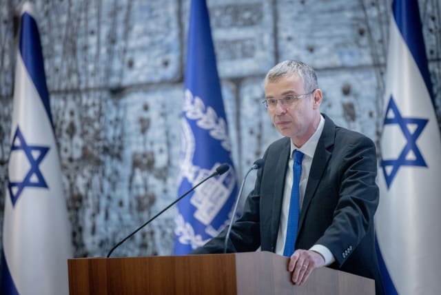  Israeli minister of Justice Yariv Levin speaks at a swearing in ceremony for newly appointed judges at the President's residence in Jerusalem, on April 18, 2024.  (photo credit: Chaim Goldberg/Flash90)