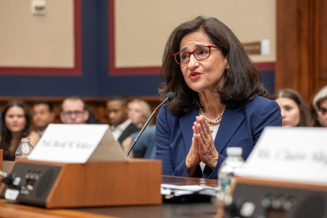 Columbia University President Nemat "Minouche" Shafik testifies before a House Education and the Workforce Committee hearing on "Columbia University's Response to Antisemitism," on Capitol Hill in Washington, US, April 17, 2024. (photo credit: REUTERS/KEN CEDENO)