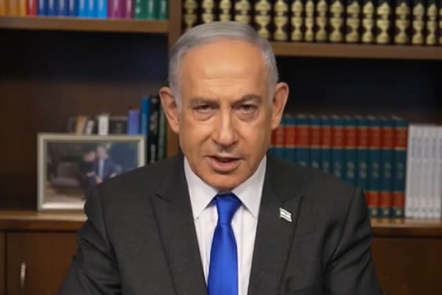  Prime Minister Benjamin Netanyahu during his speech before Passover holiday on April 21, 2024.  (photo credit: SCREENSHOT/ROI AVRAHAM/GPO)