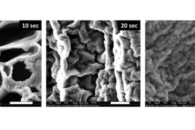 Representative images of the microstructure of formed hydrogels under various US induction durations, taken by a scanning electron microscope. (photo credit: TECHNION-ISRAEL INSTITUTE OF TECHNOLOGY)