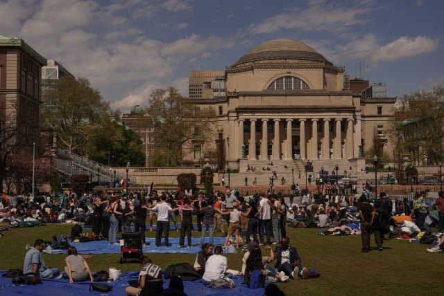  Students hold a protest in support of Palestinians at Columbia University, during the ongoing conflict between Israel and the Palestinian Islamist group Hamas, in New York, U.S., April 20, 2024. (photo credit: Reuters/Adam Gray)