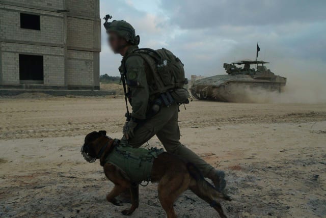  An IDF soldier and dog operate in the Gaza Strip. April 22, 2024. (photo credit: IDF SPOKESPERSON'S UNIT)