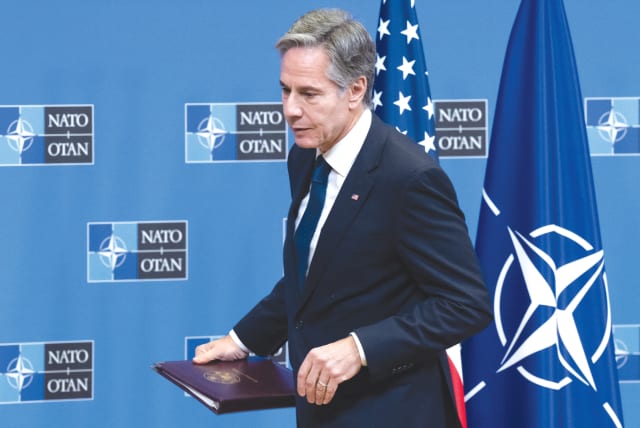  US SECRETARY of State Antony Blinken leaves after a news conference at a NATO foreign ministers meeting in Brussels, in November. (photo credit: SAUL LOEB/REUTERS)