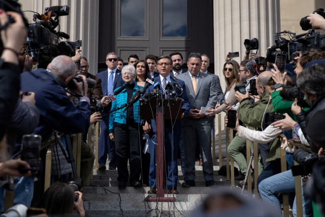 US House of Representatives Speaker Mike Johnson (R-LA) speaks at a news conference at Columbia University in response to Demonstrators protesting in support of Palestinians, during the ongoing conflict between Israel and Hamas, in New York City, US, April 24, 2024.