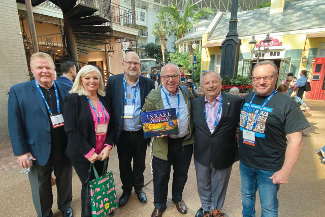  THE LARGEST gathering of ‘Israel the Miracle’ authors (L to R): Pastors Jim and Rosemary Garlow; Dr. Juergen Bueler; the writer; Dr. Brad Young; Dr. Wayne Hilsden. (photo credit: Jonathan Feldstein)