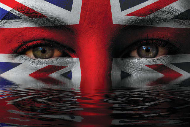  An illustrative photo of a Union Jack pattern over someone's face peaking out of murky waters.
