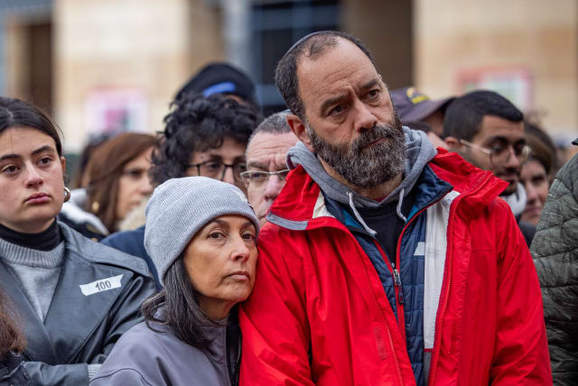  Parents of Israeli hostage Hersh Goldberg-Polin and others attend a rally for hostages marking 100 days since the start of the war between Israel and Hamas, outside the Jerusalem Municipality on January 14, 2024 (photo credit: YONATAN SINDEL/FLASH90)