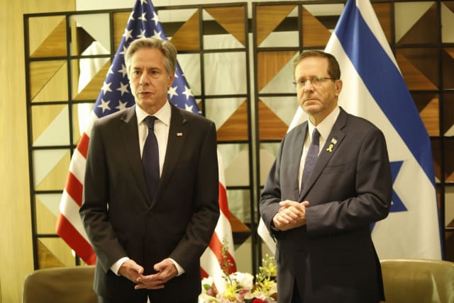  US Secretary of State Antony Blinken meets with Israeli President Isaac Herzog, May 1, 2024 (photo credit: MARC ISRAEL SELLEM/THE JERUSALEM POST)