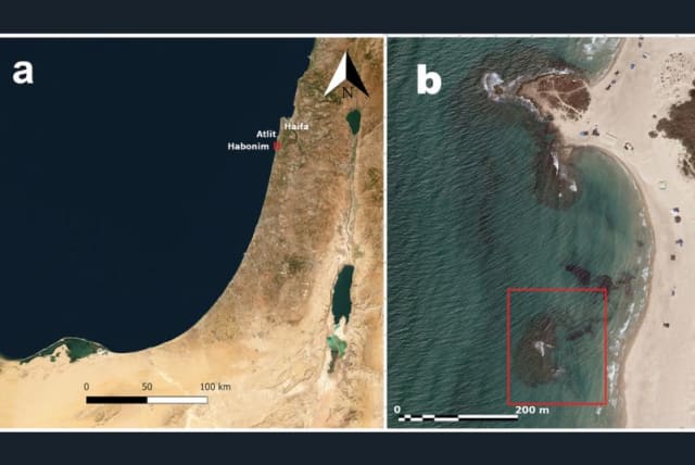   the submerged Neolithic site of Habonim North, located approximately 100m west of the current shoreline off the Carmel Coast, Israel; c) excavation areas A and B. Uploaded on 1/5/2024 (photo credit: UNIVERSITY OF CAMBRIDGE)