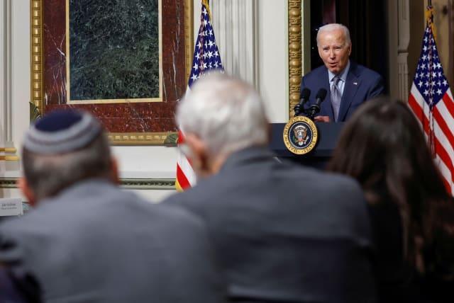  US President Joe Biden participates in a roundtable with Jewish community leaders regarding the Palestine-Israel conflict, in the Eisenhower Executive Office Building on the White House campus in Washington, US, October 11, 2023. (photo credit: REUTERS/JONATHAN ERNST)