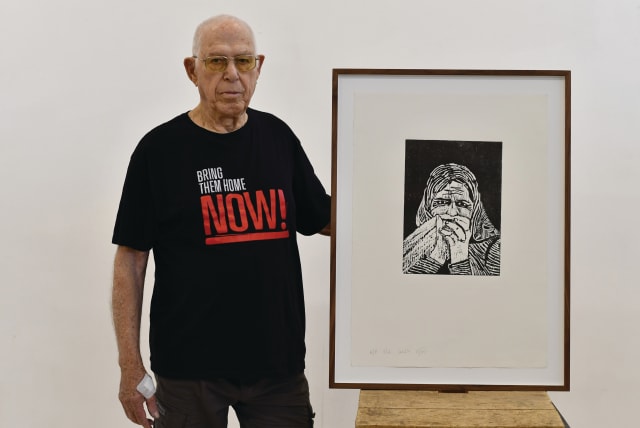  YEHUDA GRANIT with one of  his works from  ‘The War is Getting Excited.’ Uploaded on 1/5/2024 (photo credit: Rutie Stern)