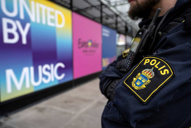  Police guard outside Malmo Arena ahead of Eurovision in Malmo, Sweden. April 26, 2024.  (photo credit: News Agency/Johan Nilsson via REUTERS)