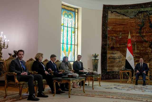  U.S. Secretary of State Antony Blinken sits with his delegation, in Cairo, Egypt, Februray 6, 2024.  (photo credit: Mark Schiefelbein/Pool via REUTERS)
