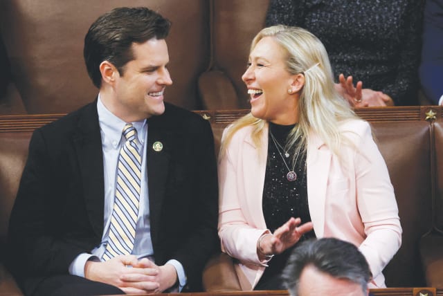  US REP. Matt Gaetz (R-FL) and Rep. Marjorie Taylor Greene (R-GA) ‘have a history of flirting with antisemitism,’ the writer charges. (photo credit: EVELYN HOCKSTEIN/REUTERS)