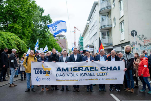 1000 Christians and Jews March with MK Matan Kahane and IAF President, Josh Reinstein on Yom Hashoah with the March of Life in Stuttgart. (photo credit: MARCH OF LIFE)