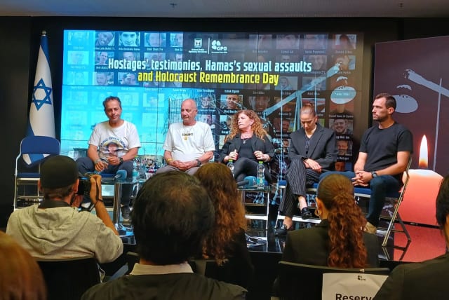  Released hostages and families of hostages at a panel. From left Malki Shem-Tov, Louis Har, Merav Tal, Chen Goldstein-Almog, Moshe Or. (photo credit: EVE YOUNG)