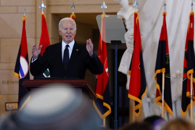  US President Joe Biden addresses rising levels of antisemitism, during a speech at the US Holocaust Memorial Museum's Annual Days of Remembrance ceremony, at the US Capitol building in Washington, US, May 7, 2024.  (photo credit:  REUTERS/Evelyn Hockstein)