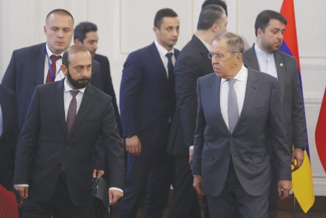  RUSSIAN FOREIGN Minister Sergei Lavrov and Armenian Foreign Minister Ararat Mirzoyan attend the 3+3 Regional platform summit in Tehran in October.  (photo credit: WEST ASIA NEWS AGENCY/REUTERS)