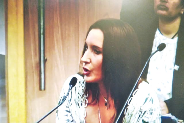  THE WRITER addresses a meeting in the Knesset, launching an international women’s coalition against the use of sexual and gender violence as a tool of war, last Monday. (photo credit: KNESSET CHANNEL/SCREENSHOT)