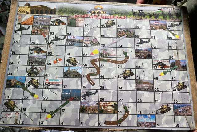 'Snakes and Ladders' board game found in Rafah by IDF soldiers showing pictures of sites in Israel for target. (photo credit: IDF SPOKESMAN’S UNIT)
