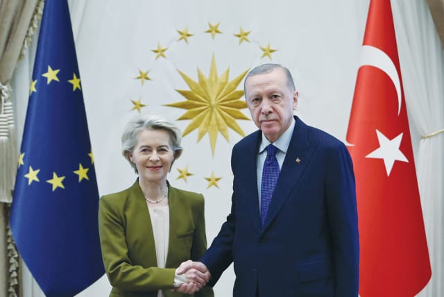 Turkey's President Recep Tayyip Erdogan meets with European Commision President Ursula von der Leyen in Ankara this week. Just six months ago, Erdogan vowed: 'Just as we entered Karabakh and Libya, we will do the same in Israel,' the writer notes.