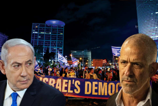  Illustrative image of Prime Minister Benjamin Netanyahu (L) and Shin Bet chief Ronen Bar superimposed on an image of Israelis protesting judicial reform.